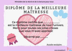 Diplôme de la meilleure maîtresse à imprimer