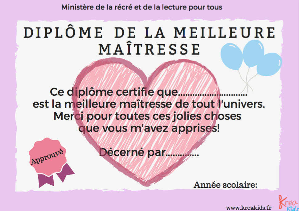 Diplôme de la meilleure maîtresse à imprimer